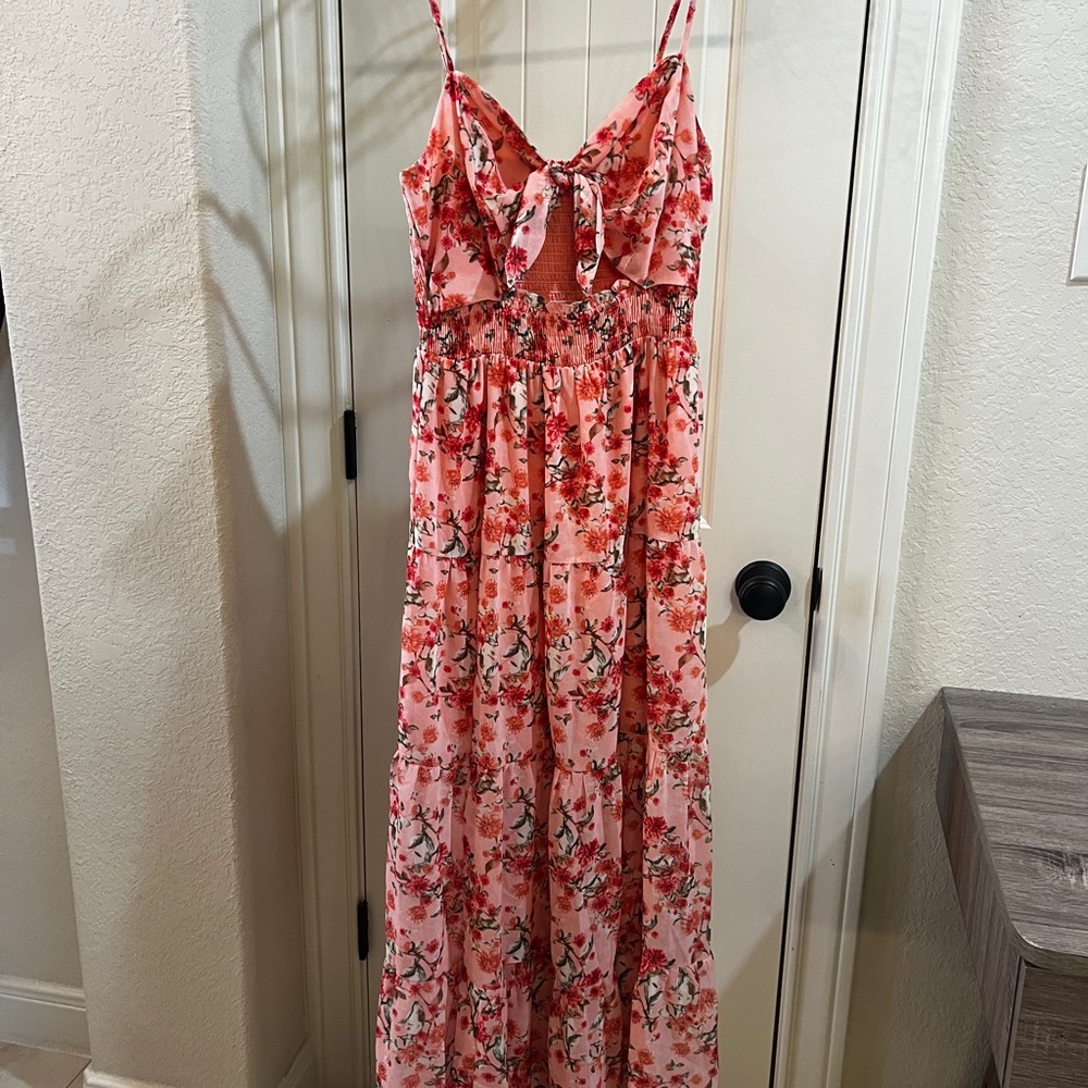 She + Sky Coral Pink Floral Maxi with Tie Detail